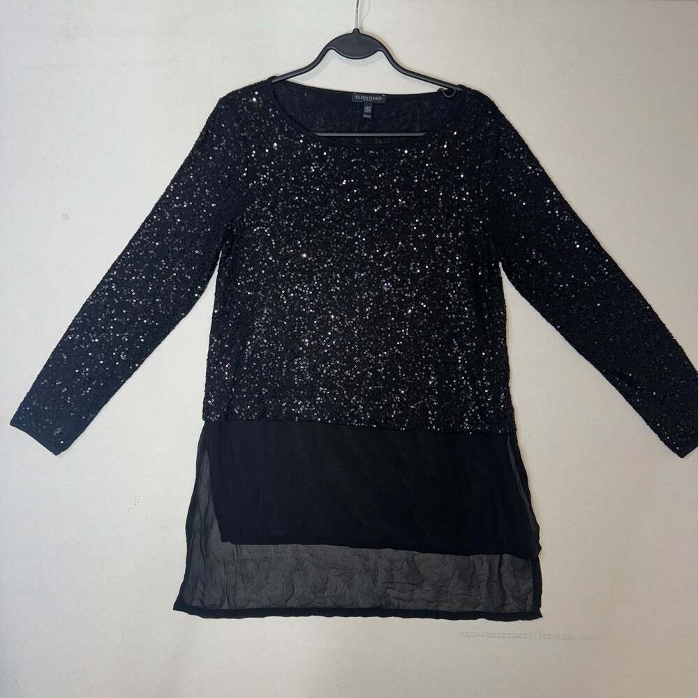 Eileen Fisher Black Sequin Long Sleeve Top with Sheer Layered Hem, Size PP